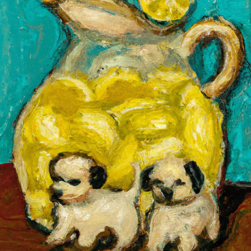 Prompt: A lemonade pitcher filled with puppies, oil painting in the style of Vincent Van Gogh