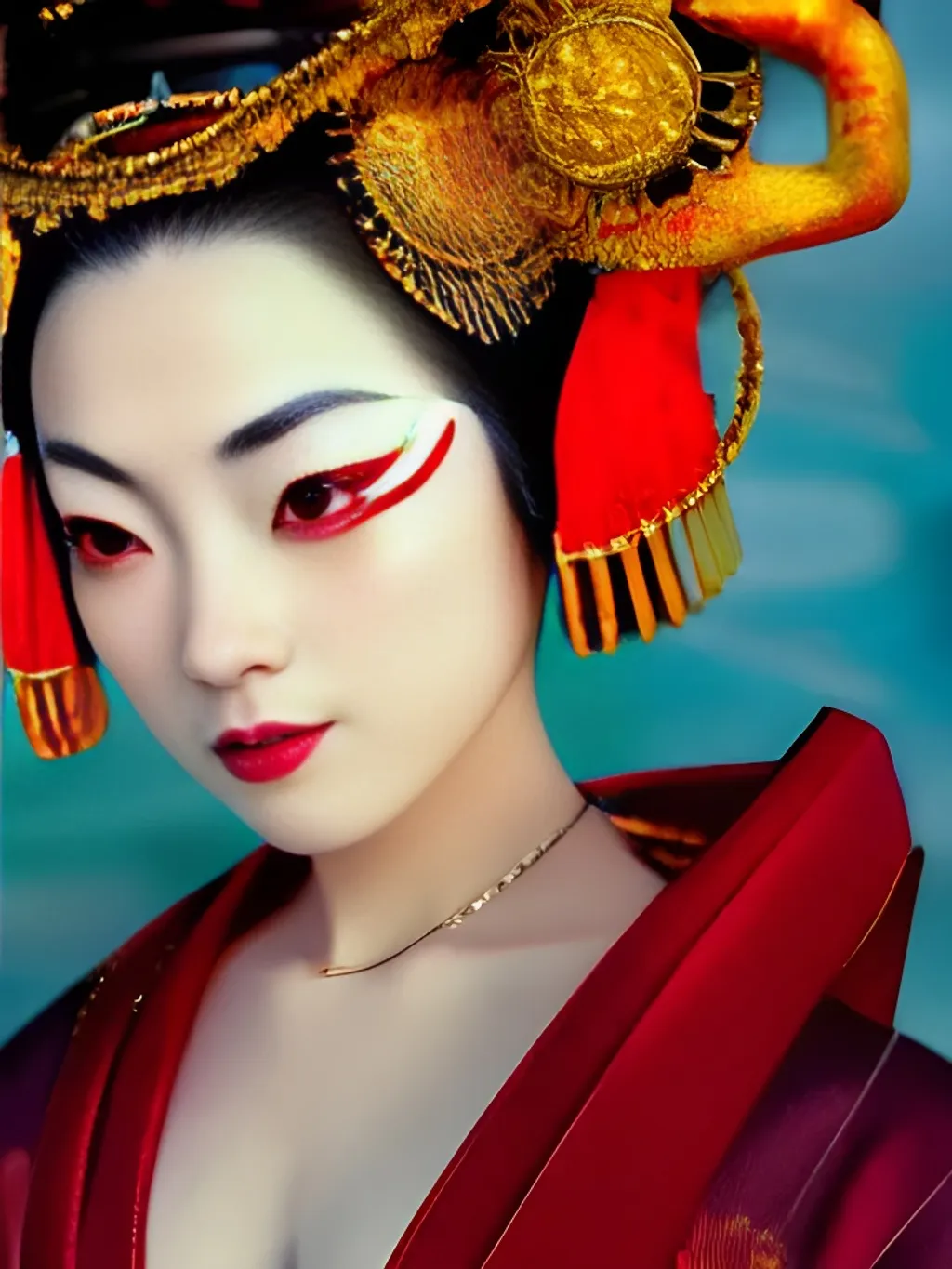 Prompt: dreamlike luxury stunning oiran portrait, smiling woman, full body photography, red and gold and blue kimono, art by artgerm, photorealistic face, wlop, loish, ilya kuvshinov, 8 k realistic, hyperdetailed, beautiful lighting, detailed background, depth of field, symmetrical face, frostbite 3 engine, cryengine