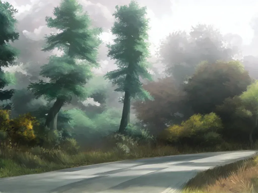 Prompt: Tress near road at cloudy morning, anime, oil painting, high resolution, cottagecore, ghibli inspired, 4k