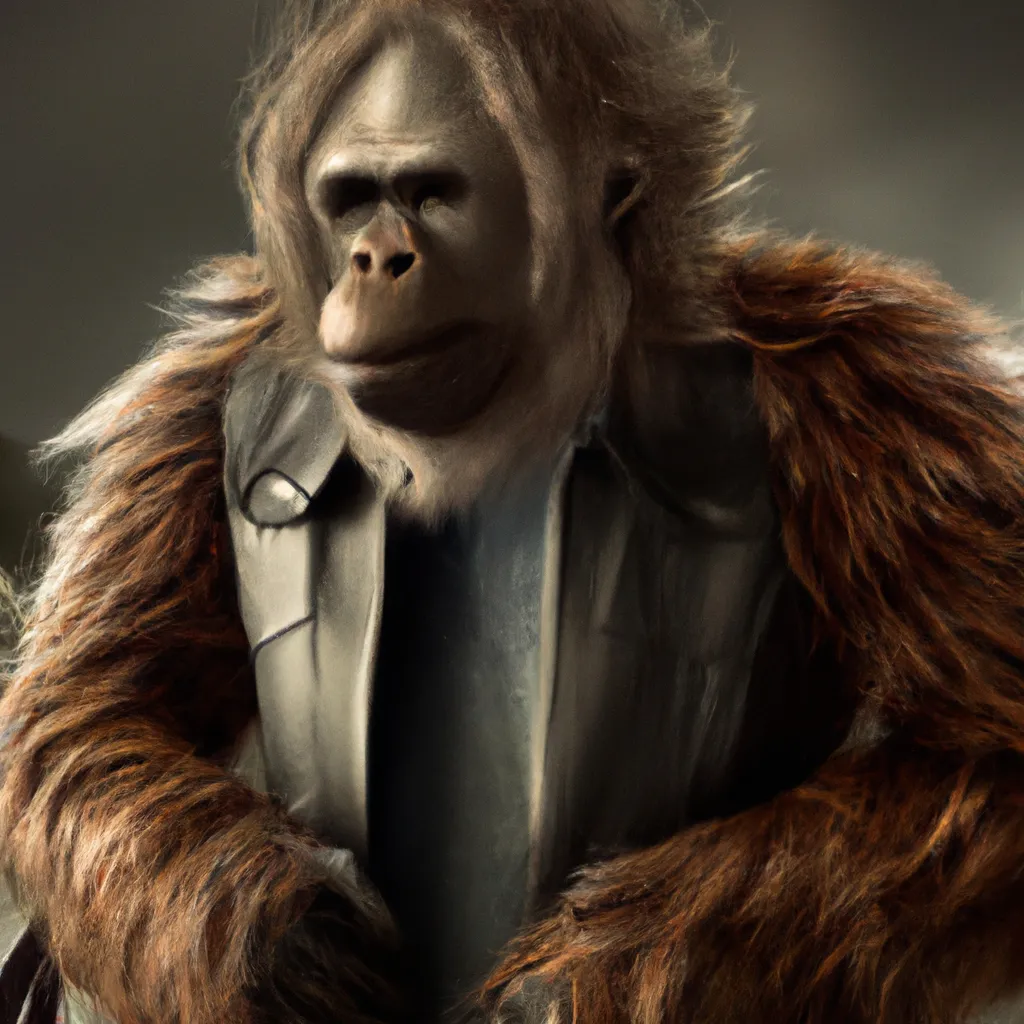 Prompt: A orangutan wearing a leather jacket by greg rutkowski, digital art, hyper realistic, beautifula studio, cgsociety, highly detailed, sharp focus, concept art, trending on artstation, cinematic composition, dramatic