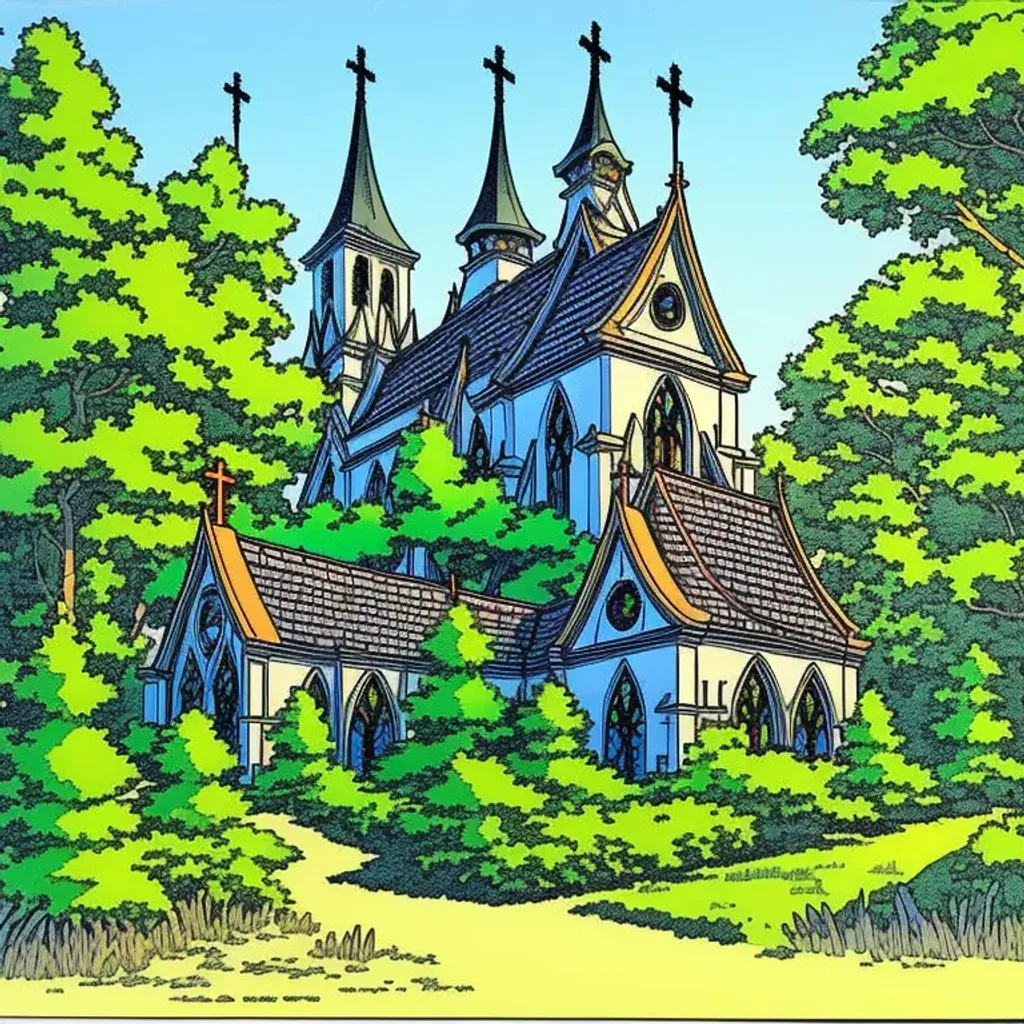 Prompt: {gothic church with beautiful landscaping in a dense forest}, comic book art style { moebius, studio ghibli, Shigeru Miyamoto}  ((black ink outlines)), (((cross-hashing, penned lines, flat shading, doodled lines))), {anime style illustration, high detail, professional, masterpiece} 