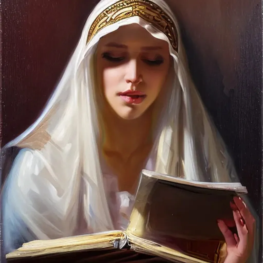 Prompt: A portrait of veiled arabic gorgeous girl reading quran, ultrawide angle, uhybrid oil painting, unreal engine, rpg portrait, extremely detailed, artgerm, greg rutkowski, alphonse mucha, vladimir volegov, adolphe bouguereaum