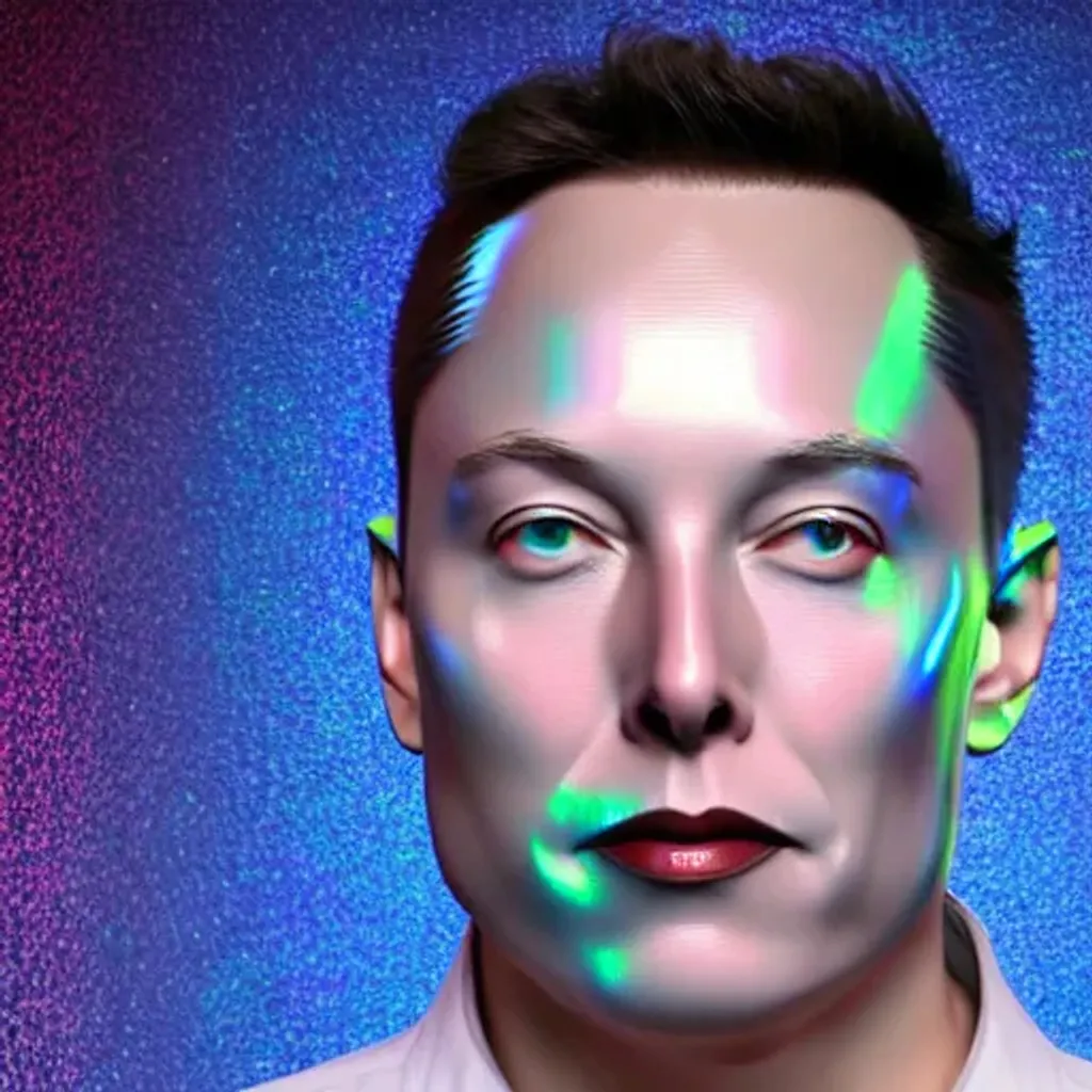 Prompt: 3d render of Elon Musk as a holographic human robotic head made of glossy iridescent, surrealistic 3d illustration of a human face non binary model, 3d model human, cryengine, made of holographic texture, holographic material, holographic rainbow, concept of cyborg and artificial intelligence