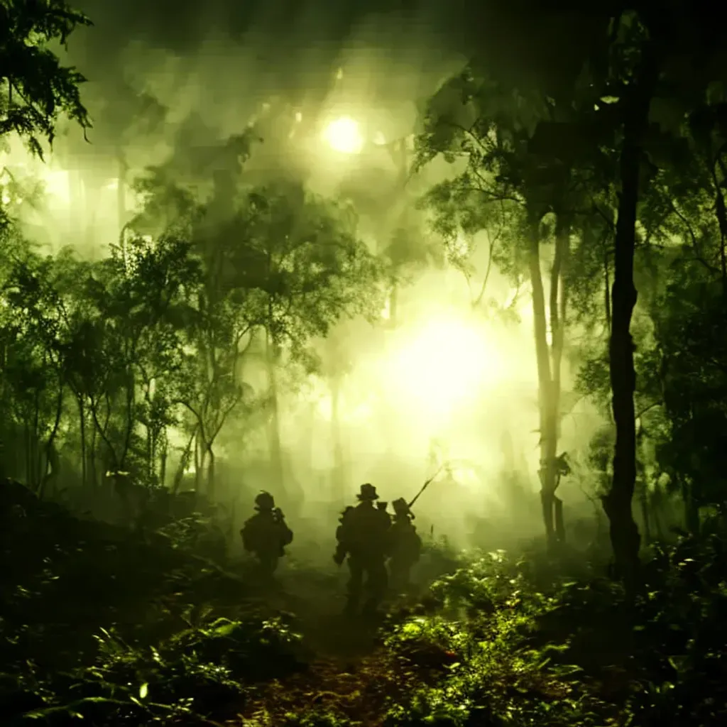 Prompt: landscape portrait of a dark eerie thick jungle, silhouettes of soldiers patrolling, closeup, cinematic lighting, misty, dewy, moonlight effect, 8K, intricate, highly detailed foliage, vivid color, contrast, lens flare above