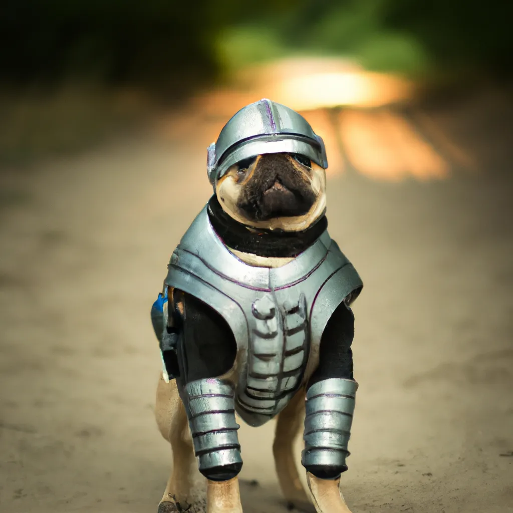 Prompt: pug on a walk in si fi knight armor