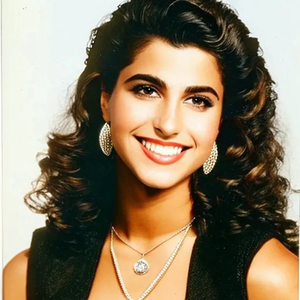 Prompt: a yearbook photo of a beautiful Greek American female taken in 1989


