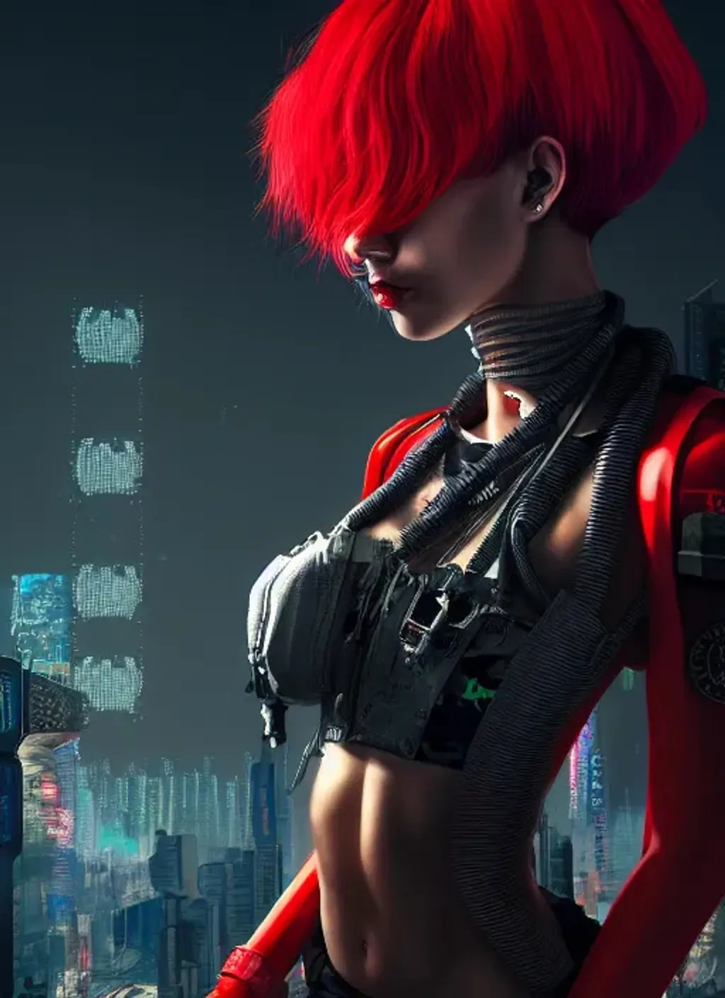 Prompt: Extremely detailed portrait of  {cyberpunk military girl} with red clothes  and with short white hair, hyper detailed  cyberpunk city on background  , 8k, high quality, concept art, trending on artstation, sharp focus, studio photo, intricate details, hyper detailed