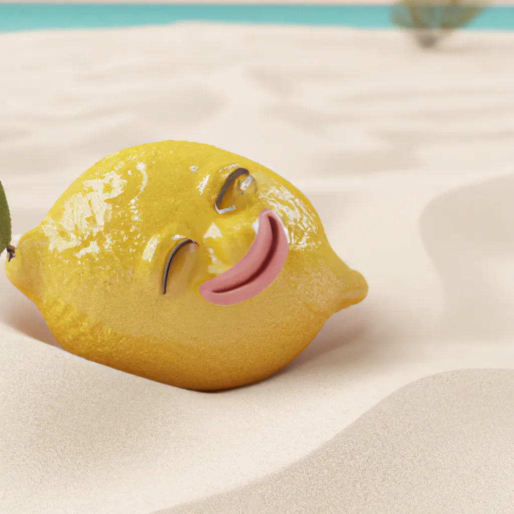 Prompt: realistic 3d render of lemon laying in sand with very cute face in the beach, summer