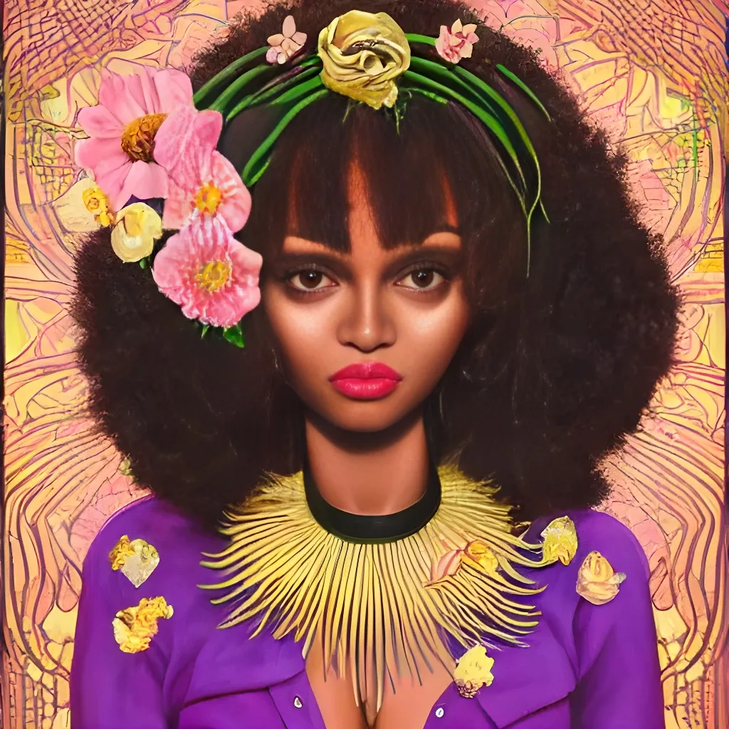 Prompt: a painting of a woman with flowers in her hair, an ultrafine detailed painting, trending on deviantart, afrofuturism, mark brooks detailed, very dark brown skin!, ( ( ( ( ( dan mumford ) ) ) ) ), hi - fructose art magazine, black opal, uniquely beautiful, purple and gold color scheme