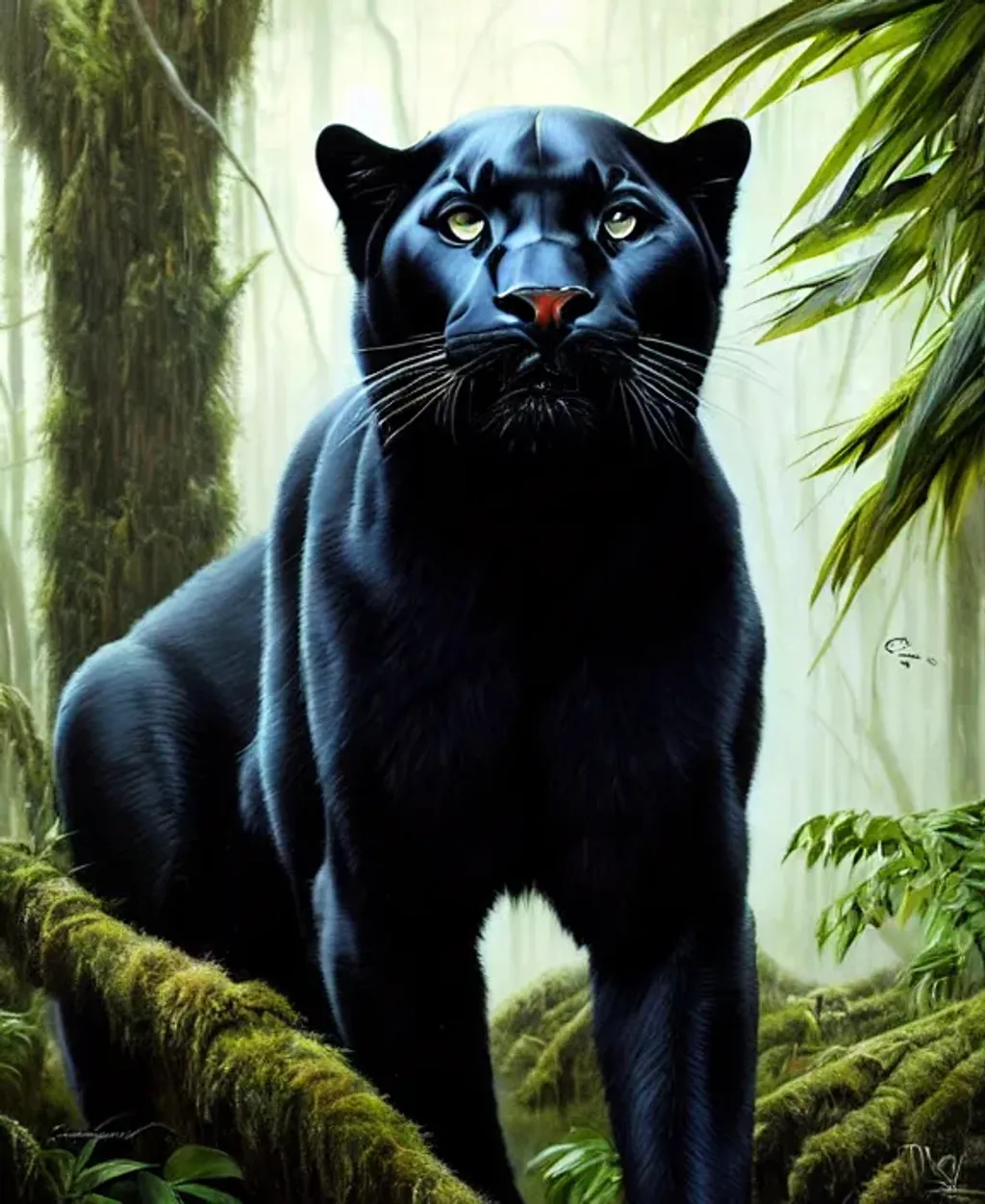 Prompt: splash art of {panther} with {black} fur, {jungle}, full body, perfect composition, hyperrealistic, super detailed, 8k, high quality, trending art, trending on artstation, sharp focus, studio photo, intricate details, highly detailed, by greg rutkowski,