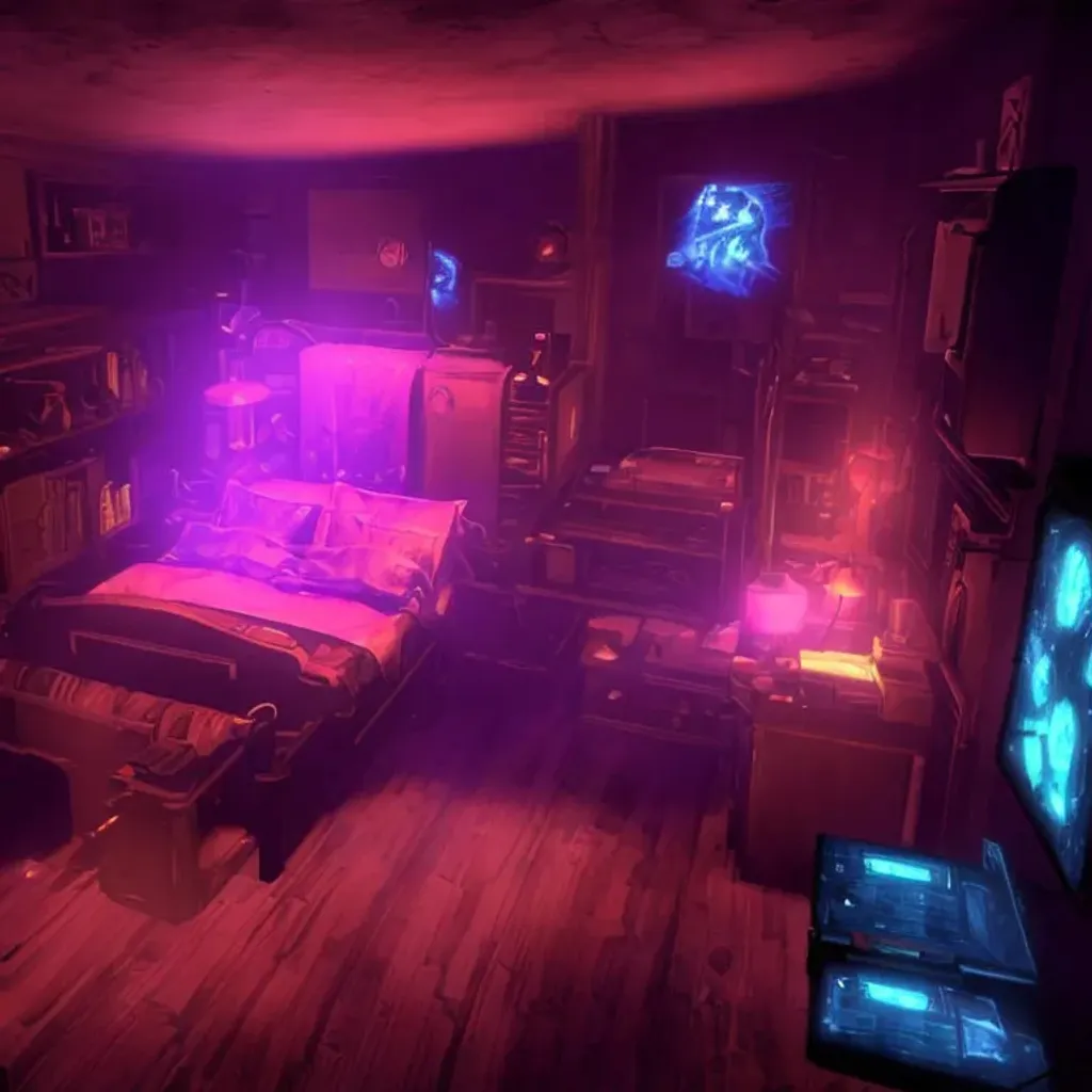 Prompt: bioshock's rapture in neons in a fort frolic, bedroom apartment with a bed and a desktop workspace with 3 monitors