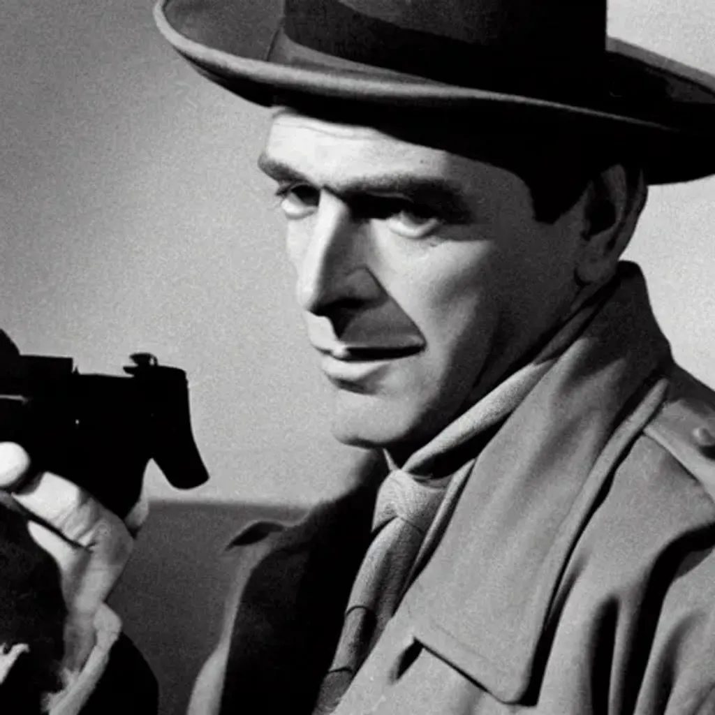 an evil detective in a trenchcoat, film noir OpenArt