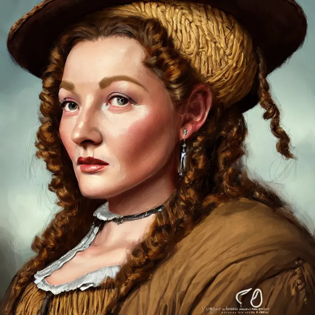 Prompt: highest quality portrait of Dale Evans dressed as a rugged 17th century woman in a jacket, victorian, detailed face, fantasy, close up face, highly detailed, cinematic lighting, digital art painting by Olga Skomorokhova, ultra sharp, smooth sharp focus, artstation hq, behance hd, trending on artforum, on display