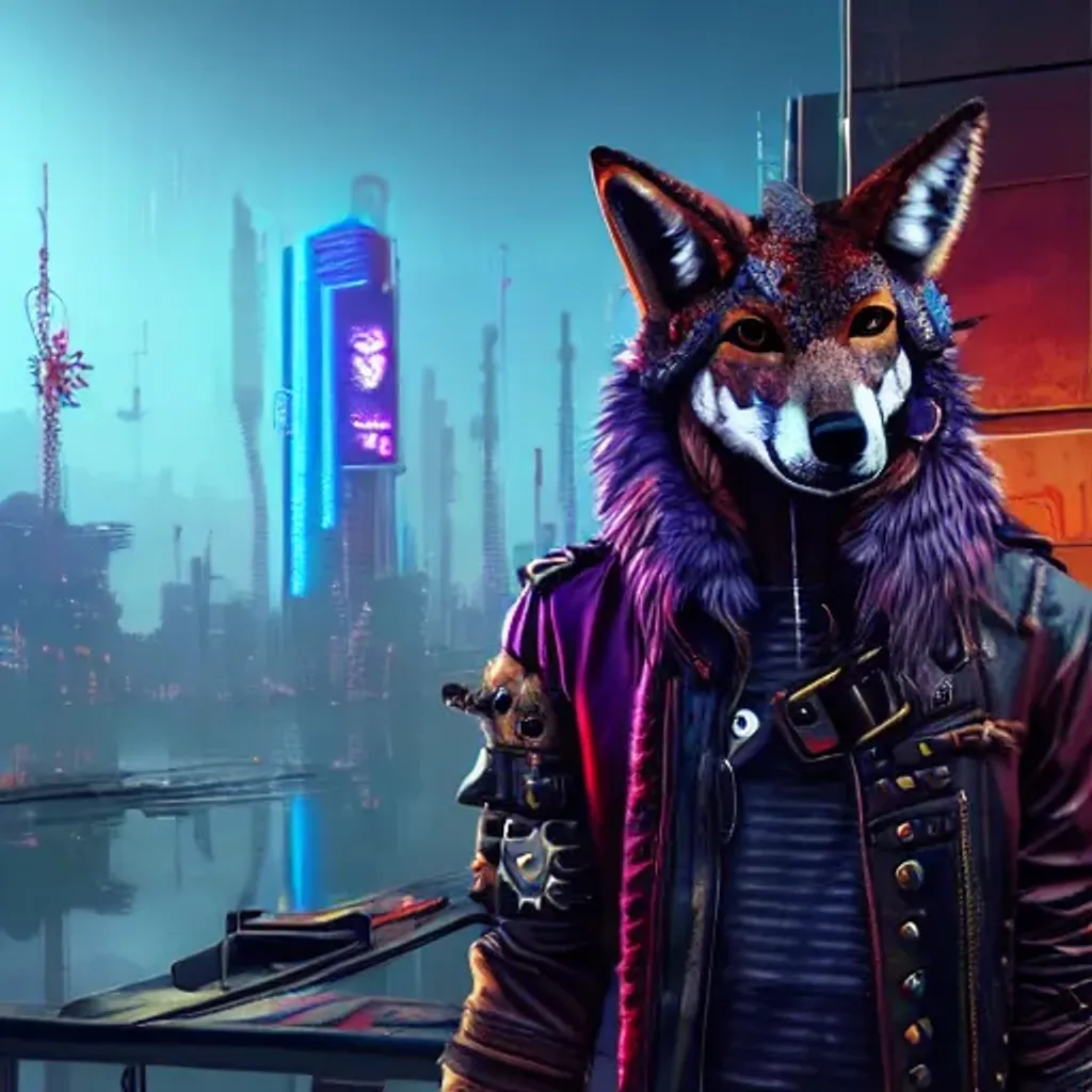 Prompt: Cyberpunk Pirate coyote in cyberpunk city detailed matte painting, deep color, fantastical, highly detailed eyes, detailed fur, detailed cloths, intricate detail, splash screen, complementary colors, fantasy concept art, 8k resolution trending on Artstation Unreal Engine 5 3d