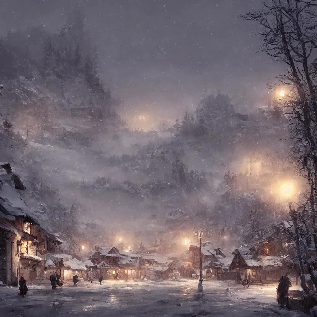 Prompt: Large village in snowy taiga at dusk, digital art trending on ArtStation by Greg Rutkowski