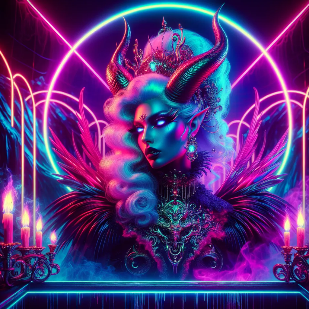 Prompt: Beautiful queen of succubi, demonic figure in a gothic vaporwave setting, dynamic pose, beauty, neon lights casting a dramatic glow, retro aesthetic, high definition, dramatic lighting, demonic, high quality, liminal, vivid colors, detailed features, atmospheric, haunting vibe, surreal, retro-futuristic, intense gaze, otherworldly, dark and unsettling, eerie