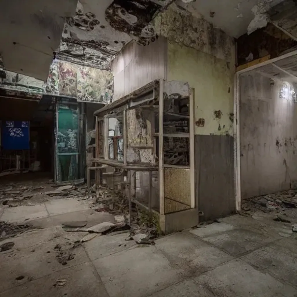 Prompt: abandoned store in taiwan, at night, liminal space