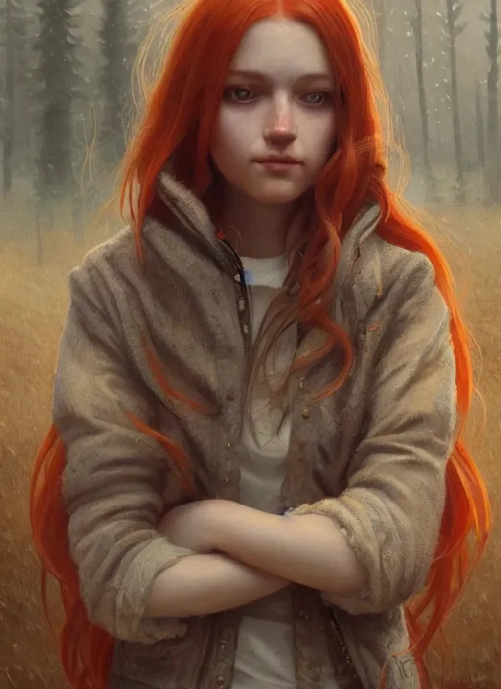 Prompt: Portrait of girl with orange hair and with cute face, cozy log cabin interior, perfect composition, hyperrealistic, super detailed, 8k, high quality, trending art, trending on artstation, sharp focus, studio photo, intricate details, highly detailed, by greg rutkowski