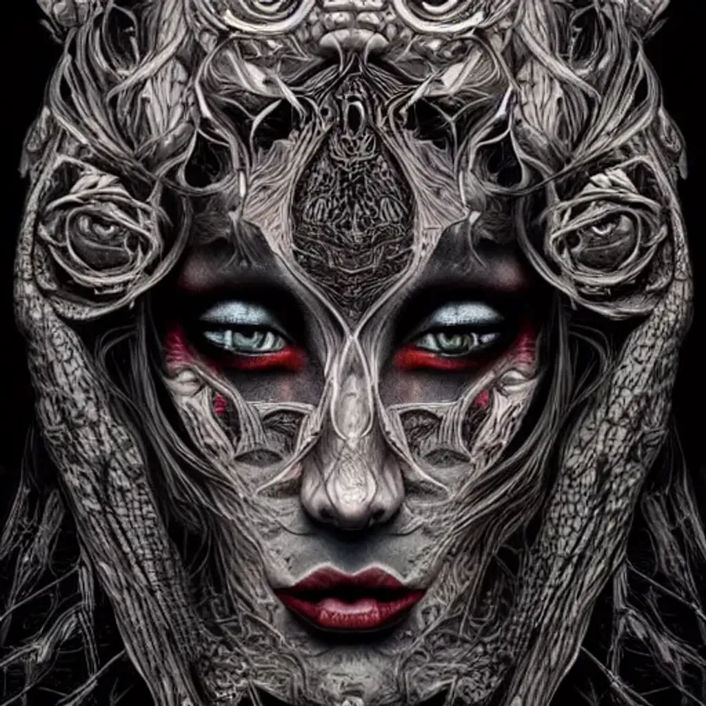Prompt: aesthetic, dark, hyper detailed, faces, fantasy, space, deep colours, in the style of alex gray