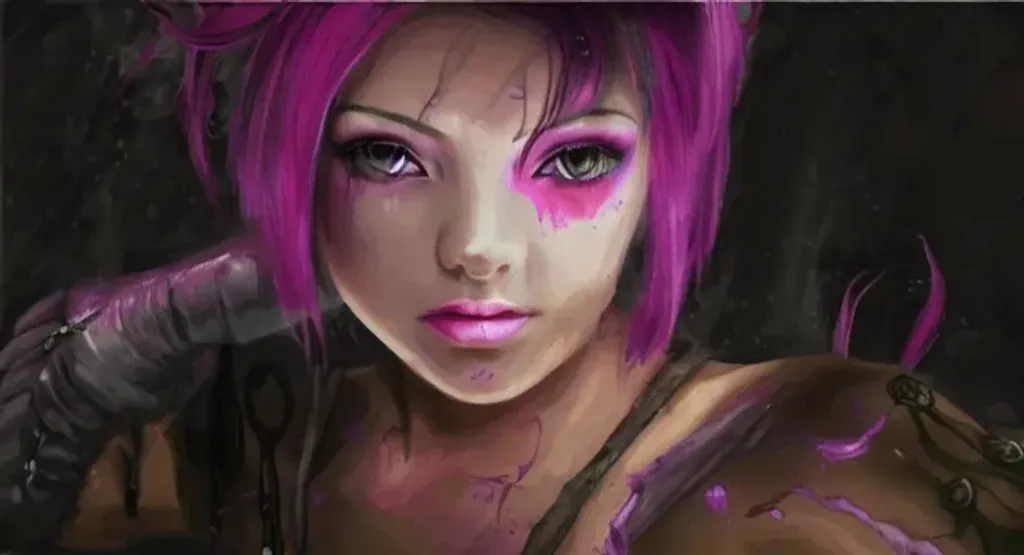 Prompt: pretty girl, pink skin, purple hair, dark souls, painting, posing,