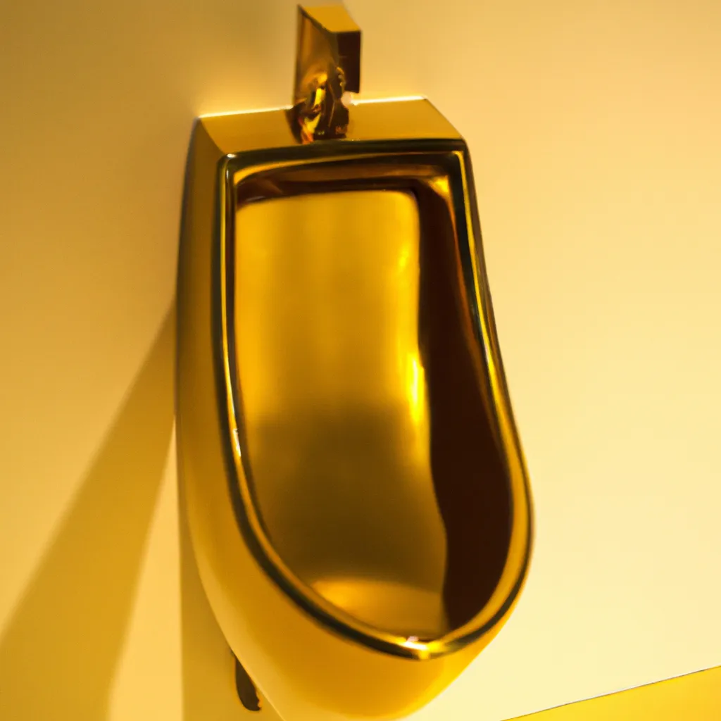 Prompt: A photograph of a golden urinal in bathroom, studio lighting, 4K