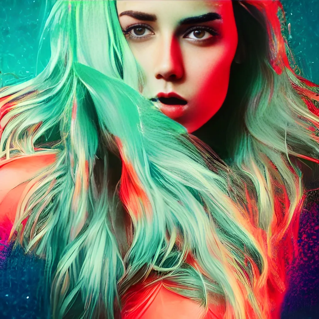 Prompt: stylized digital art, film grain, beautiful woman, aqua wavy hair, wearing 80's blazer, detailed, 8k, perfectly shaded, triadic colors, synthwave background, neon, dynamic