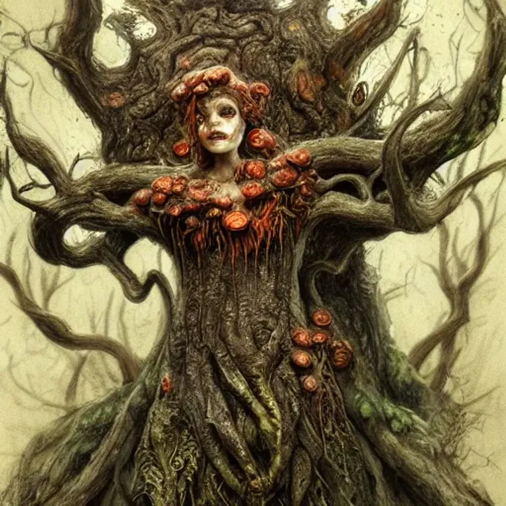 Prompt: rotten tree spirit dryad with a beautiful face and flaming mouth and eyes, mushrooms, fungi, lichen, sketch lines, graphite texture, old parchment, guillermo del toro concept art, justin gerard monsters, intricate ink illustration 