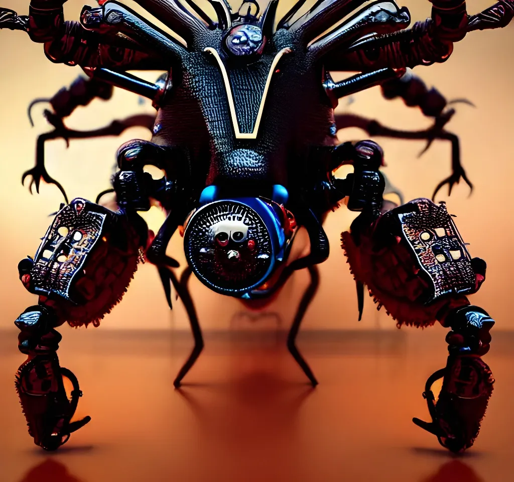 Prompt: Giant Monster Ant ,  color, eerie, horror, scary, ominous, 8k, highly detailed,Steampunk,Intricate filigree metal design,Bionic, futurism,Raytracing,Symmetrical, Atompunk,Multiverse