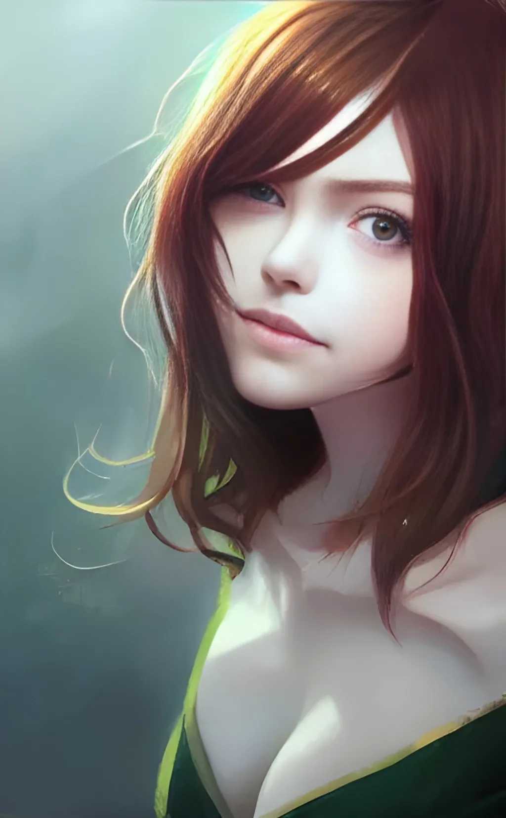 Prompt: Closeup face portrait, smooth soft skin, big dreamy emerald green eyes, beautiful intricate colored auburn hair, symmetrical, anime wide eyes, soft lighting, detailed face, by makoto shinkai, stanley artgerm lau, wlop, rossdraws, concept art, digital painting, ultrahd, looking into camera