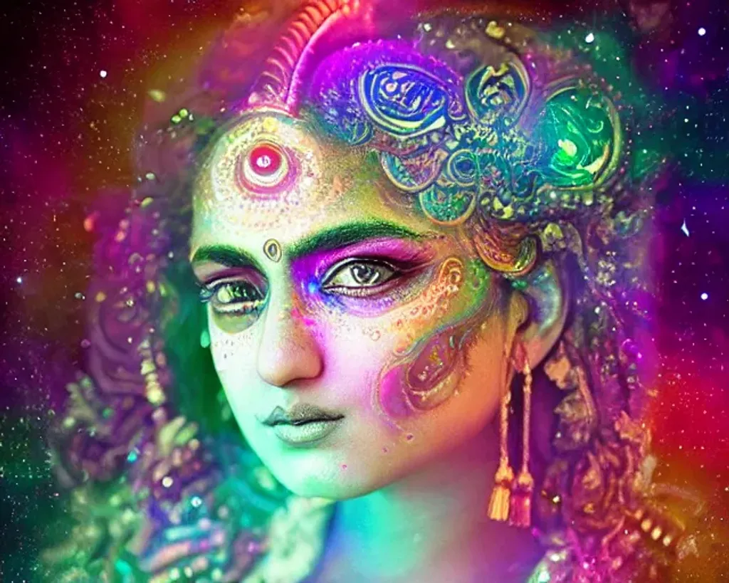 Prompt: centered portrait, young adorable indian goddess, ultra-detailed fractal piezoluminescence makeup, detailed rainbow galaxy background, ancient colors, muted colors, soft colors, sharp focus, intricate details, highly detailed, by Anna Dittmann, Gerhard Richter, Rubens, Larry Bud Melman