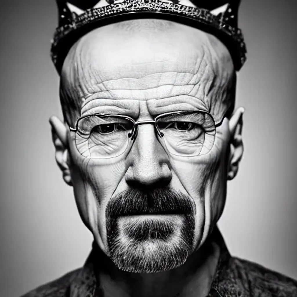 Prompt: photo realistic portrait of Walter White wearing a crown, centre shot, symmetrical face, natural lighting, 8k, ultra detailed, black and white, studio lighting, cinematic, beautiful, 85mm lens, 