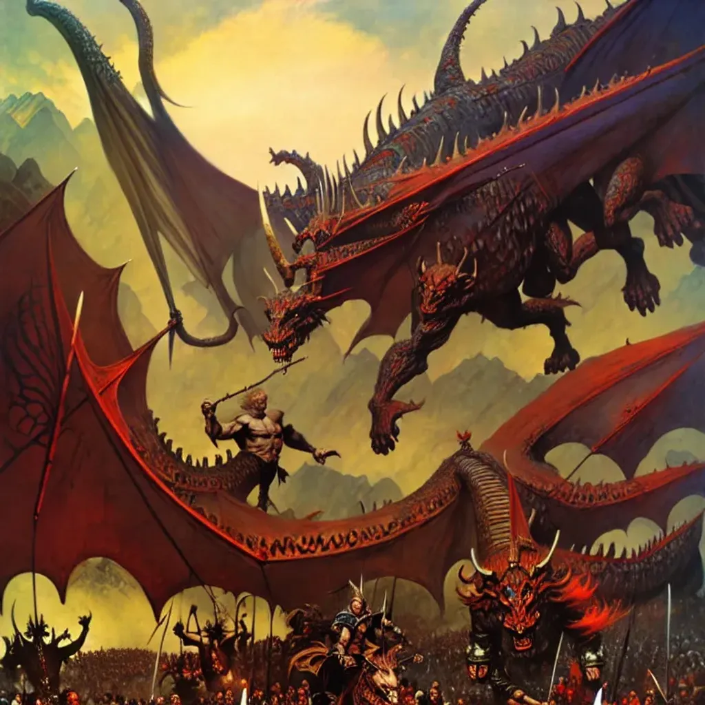 Trolls, giants, orcs, demons, elves ride giant drago... | OpenArt