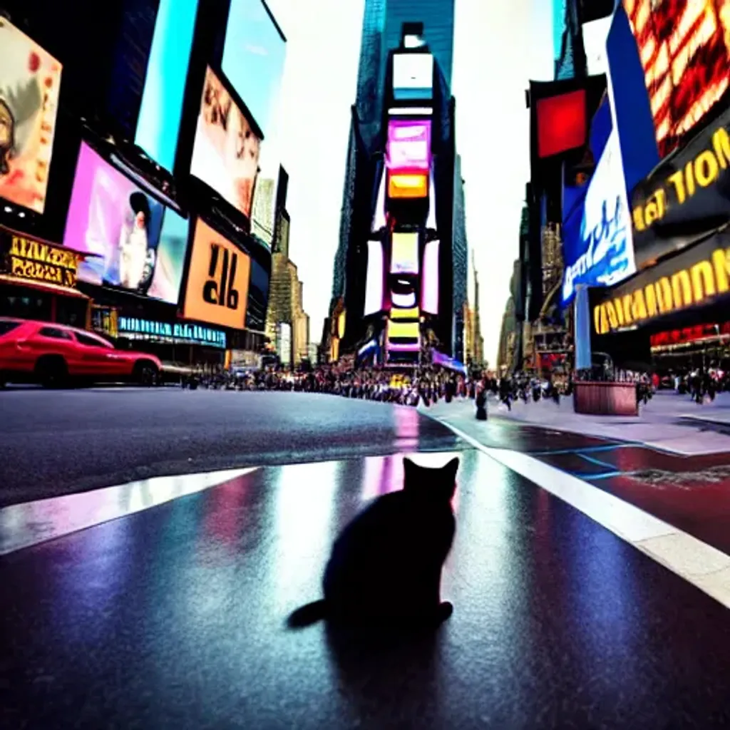 Prompt: A black cat walking on a sidewalk at Times Square. The cat has a reflection on a buildings window, Cinematic, 4k, Backlight, Cinematic Lighting, Ray Traced