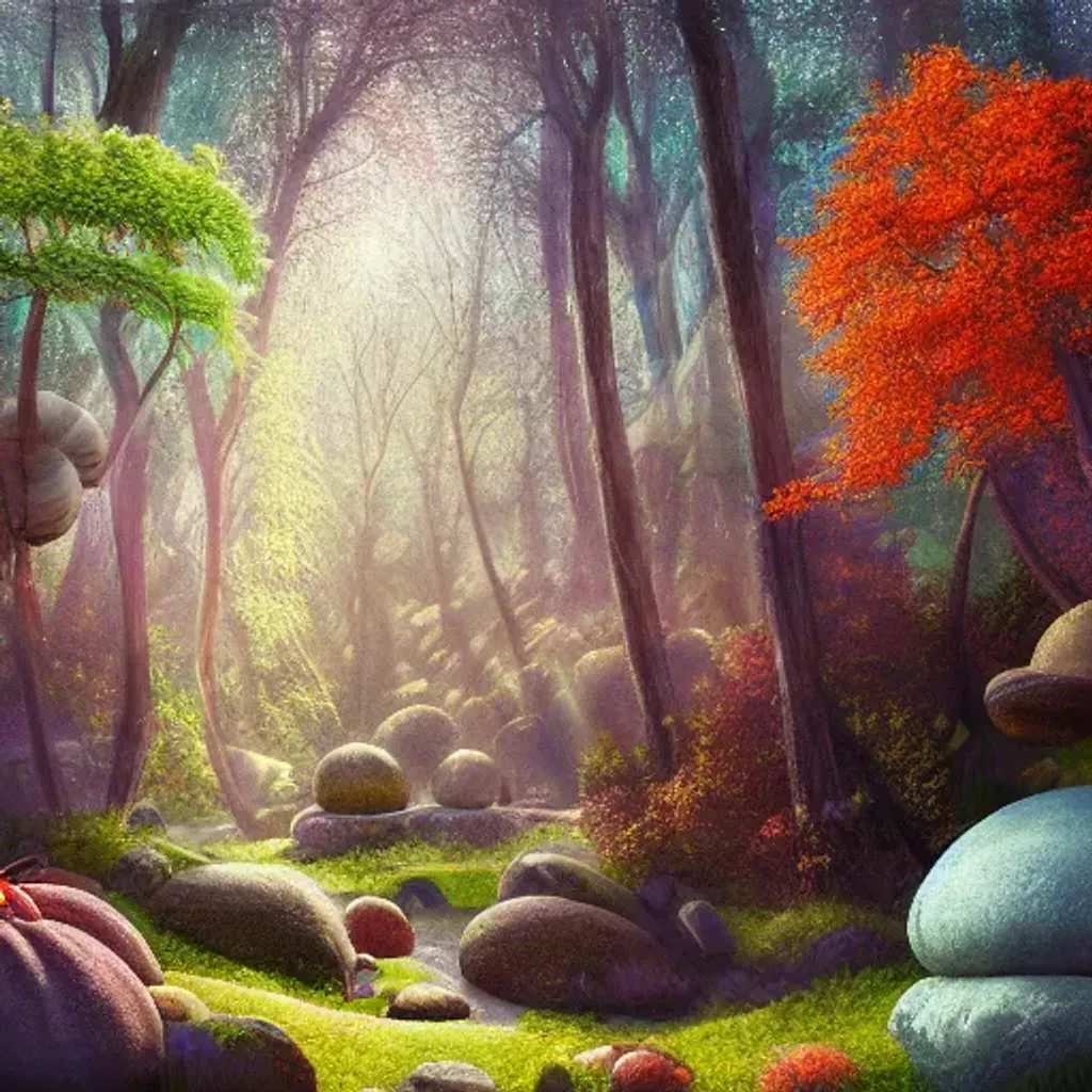 Prompt: silly candy forest, peppermint stick trees, cotton candy bushes, big colorful crystal boulders, gumdrop mushrooms, chocolate creek, goofy mood. mysterious realistic painting. photobashing, matte painting, highly detailed, autumn, cinematic, hyperrealistic, artstation, dramatic lighting, god rays, clean crisp graphics, smooth sharp focus, extremely detailed