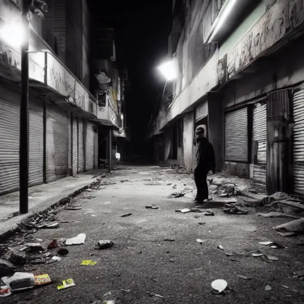 Prompt: abandoned korean street at night, creepy people standing, garbage on ground