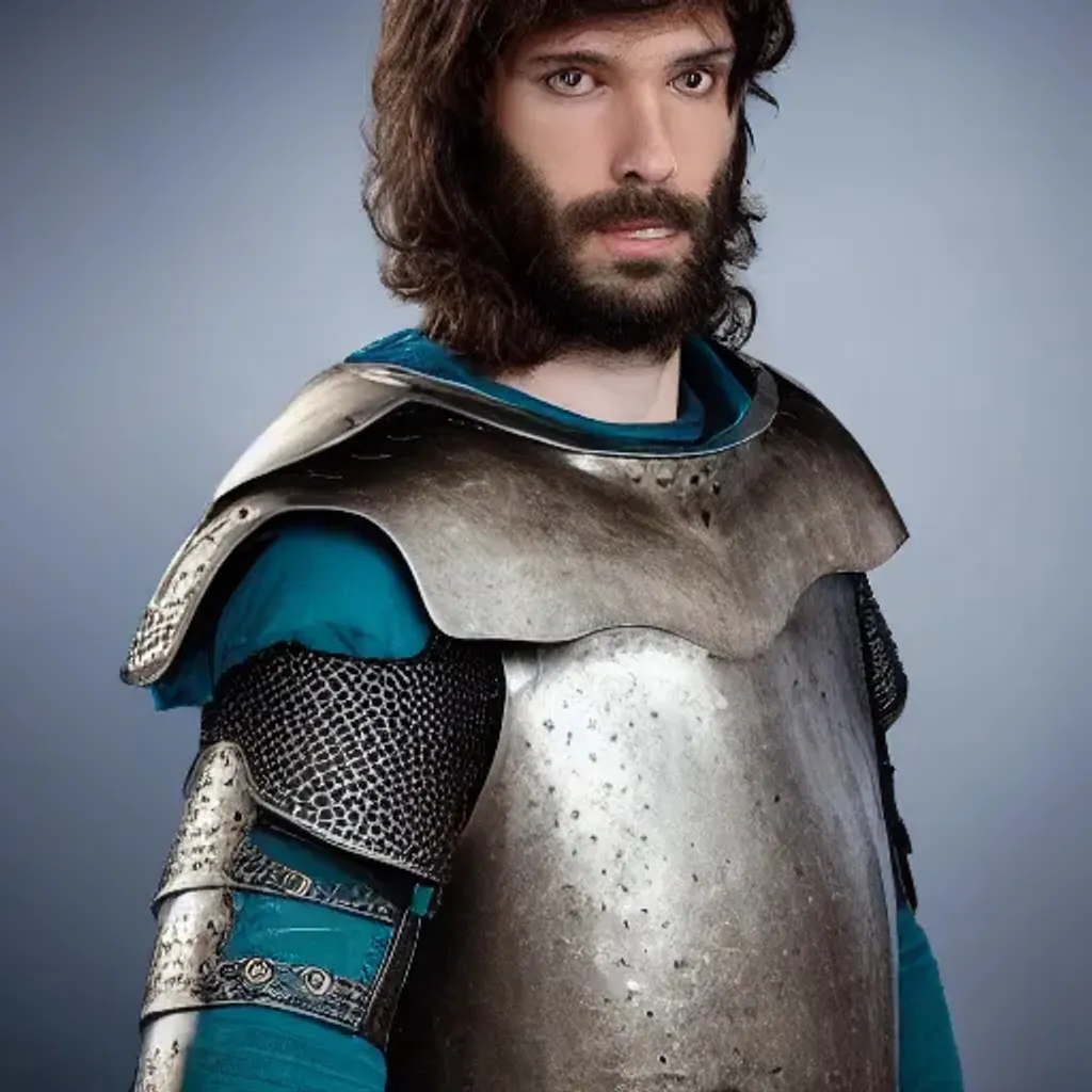 Prompt: A photo realistic handsome male with medium wavy brown hair falling Infront of one eye, blue eyes, wearing silver medieval armor rimmed with a blue hood at the collar, green lace up shirt under the armor, sylvain jose gautier, photograph,