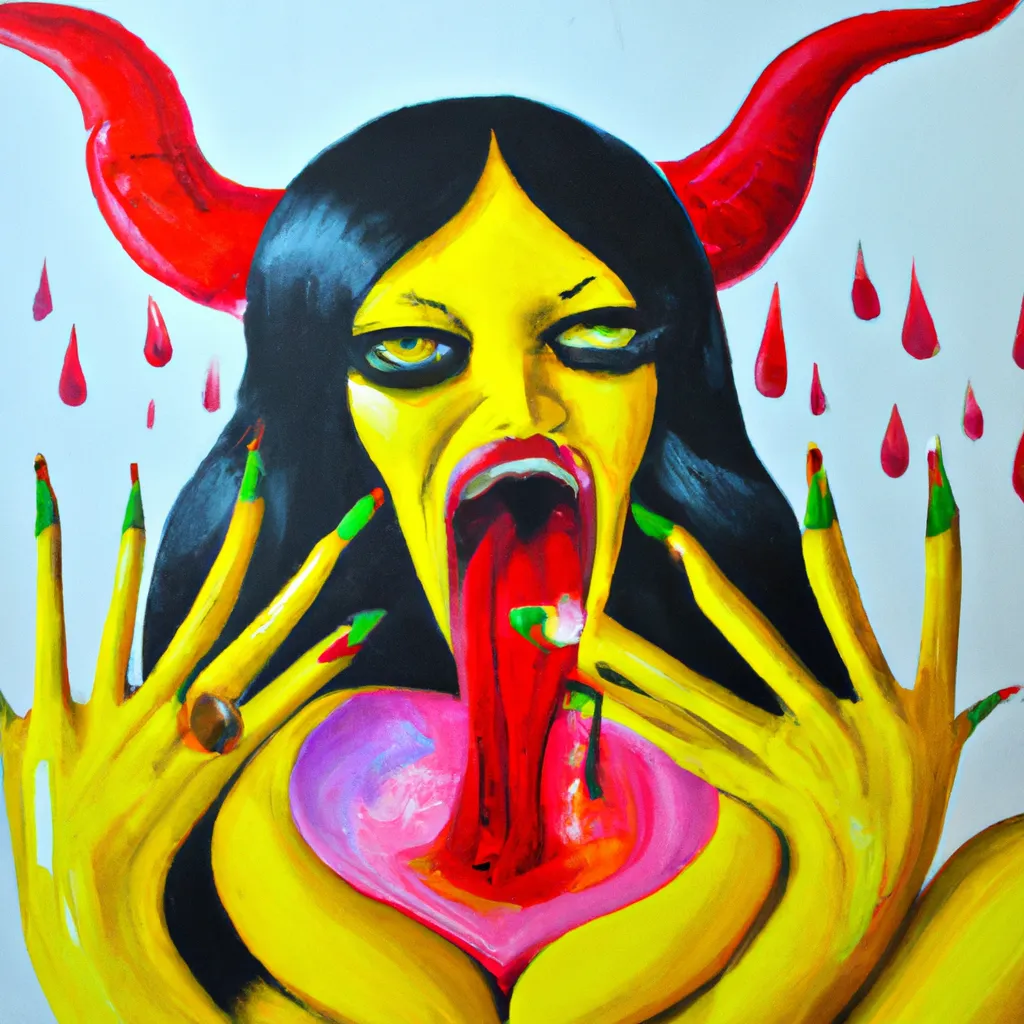 Prompt: oil painting, slim distorted woman with yellow eyes, dark horns, red water, screaming, horror, posing, big nails, big brests