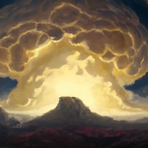 Prompt: An epic painting of a nuclear explosion mushroom cloud  in an Incandescently lit post apocalyptic landscape, ultra wide angle landscape painting, by Frederic Edwin Church and Nadav Kander