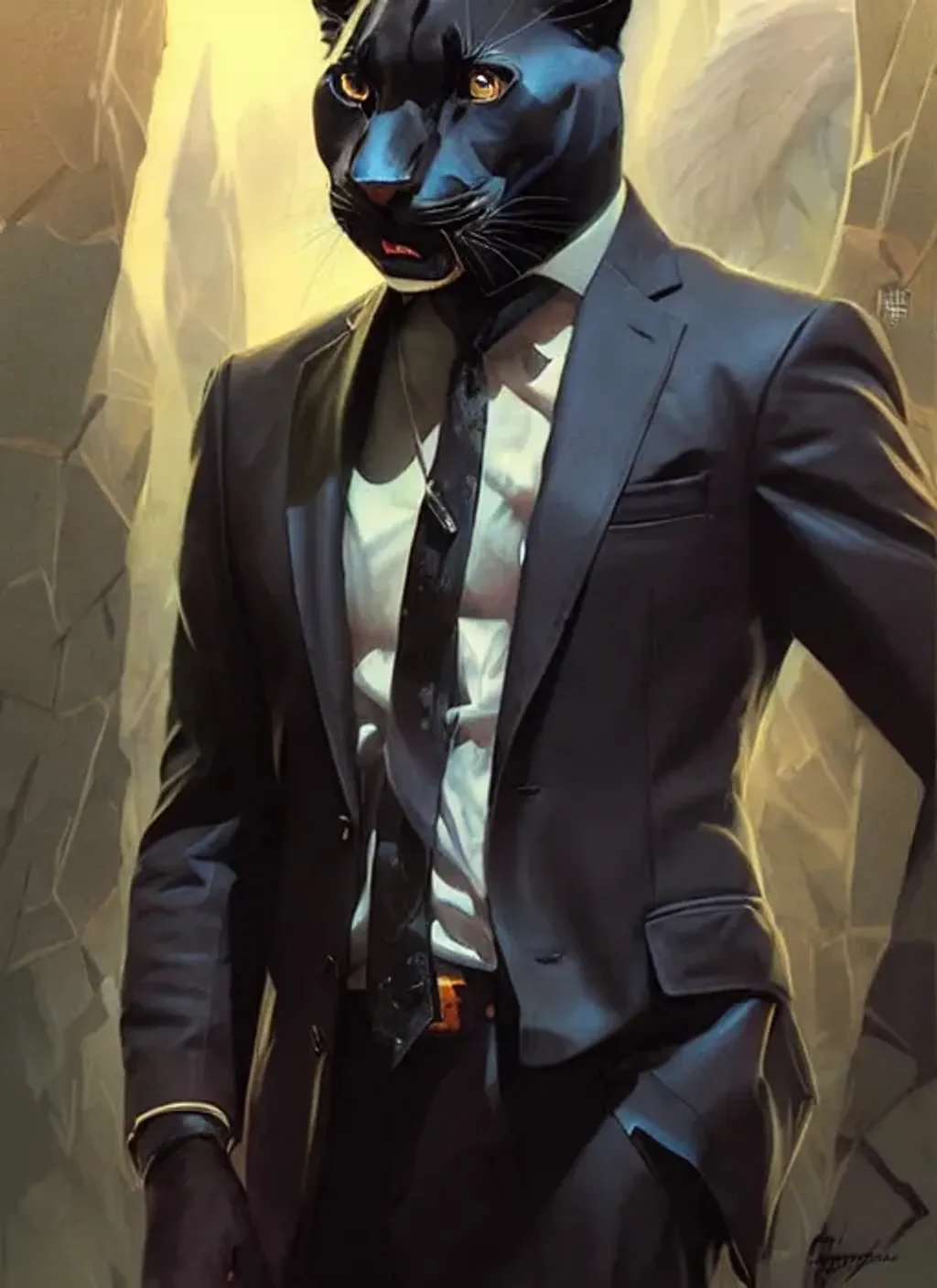 Prompt: panther in a business suit, artists portrait, fantasy, highly detailed, digital painting, concept art, sharp focus, depth of field blur, illustration, art by artgerm and greg rutkowski and alphones mucha