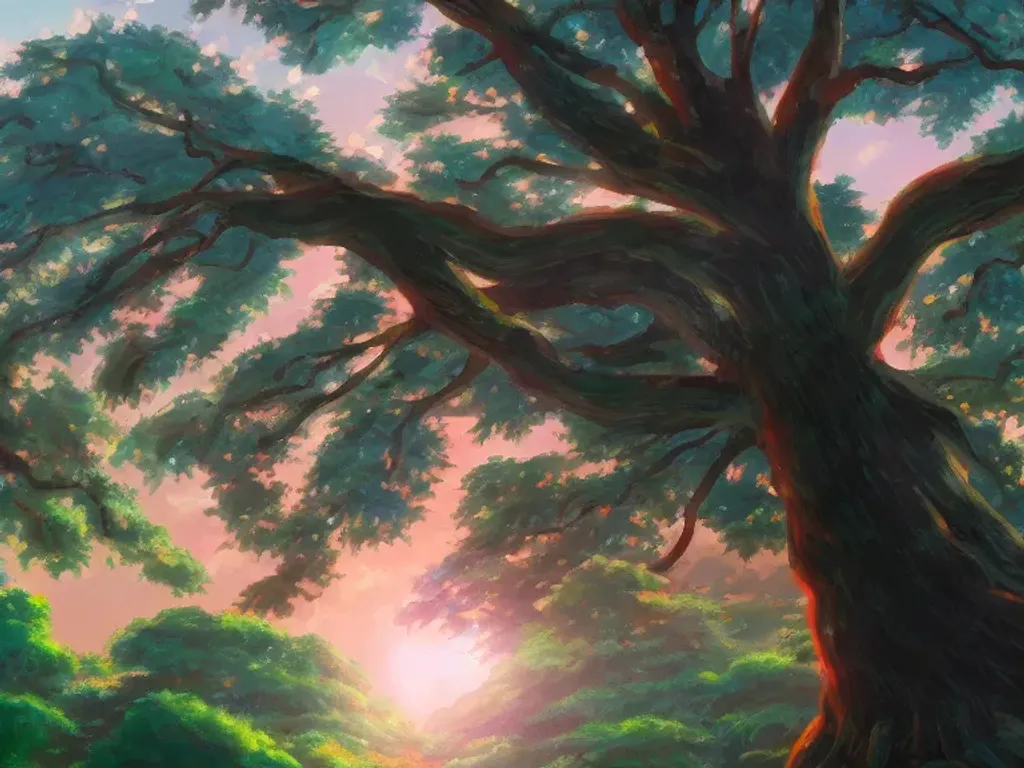 Prompt: Large tree with lush leaves in park at sunset, anime, oil painting, high resolution, cottagecore, ghibli inspired, 4k