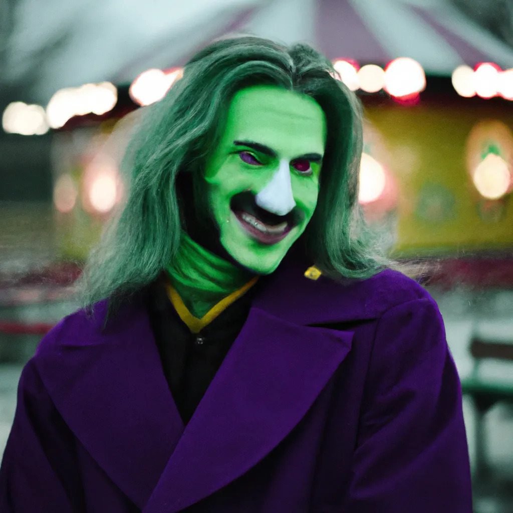 Prompt: A handsome man with clown makeup. Long green hair. A purple overcoat. Dress clothes. The man has a creepy smile. 35 mm film grain. Nikon. Bokeh. At an Amusement park.