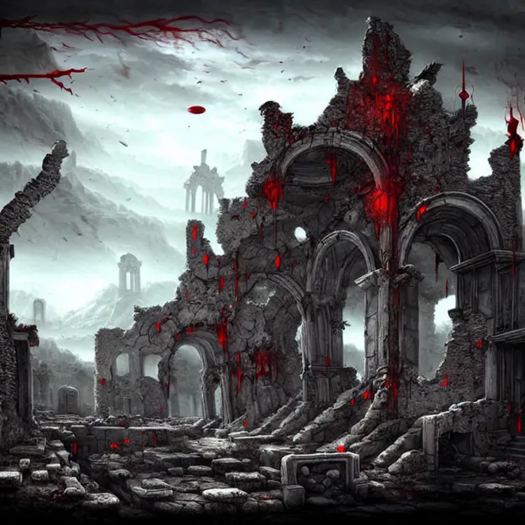Prompt: landscape fantasy cult art bone dystopian ruins stone war fantasy elesh blood sheoldred