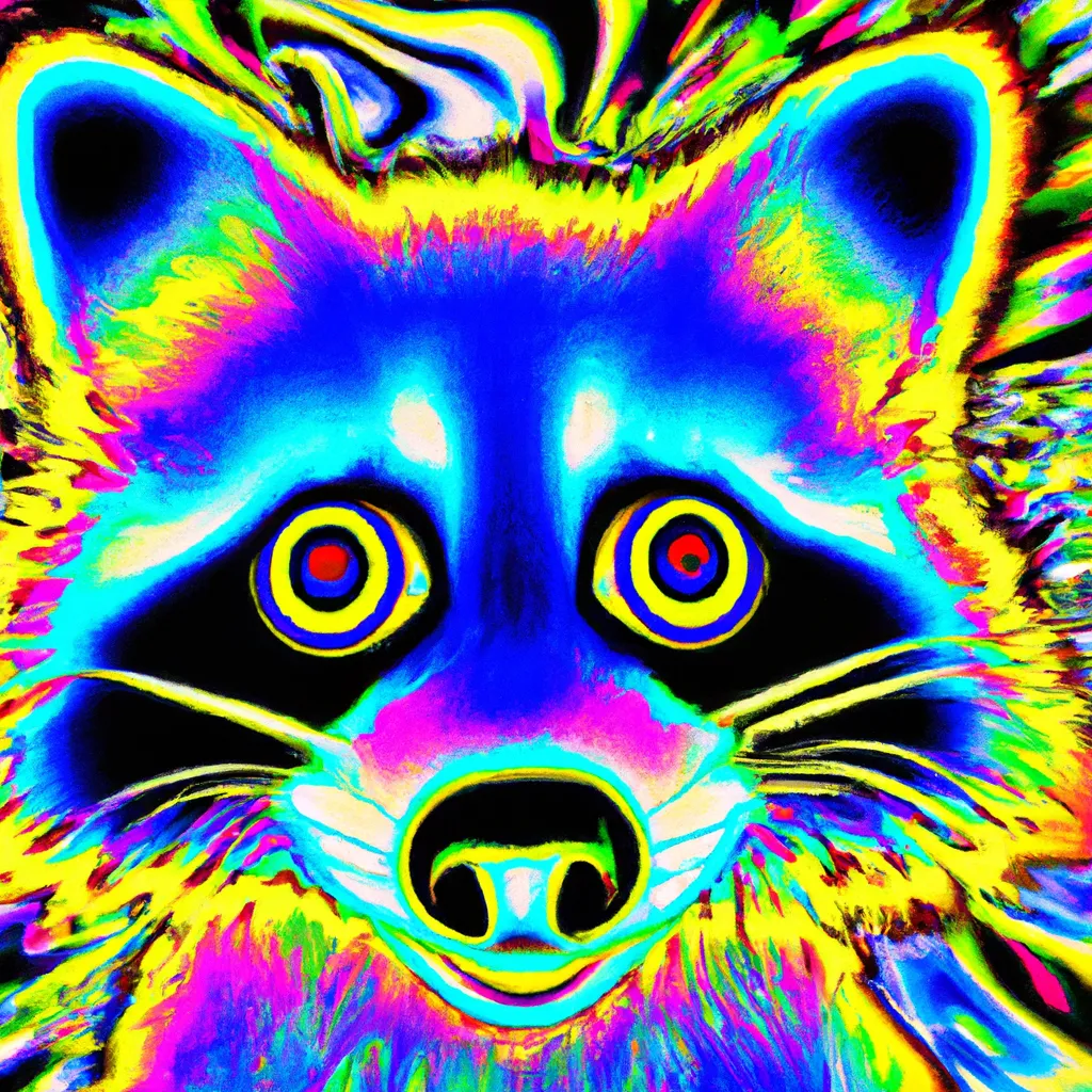 Prompt: a 3d Raccoon with psychedelic colors expressing amazement and profound awe