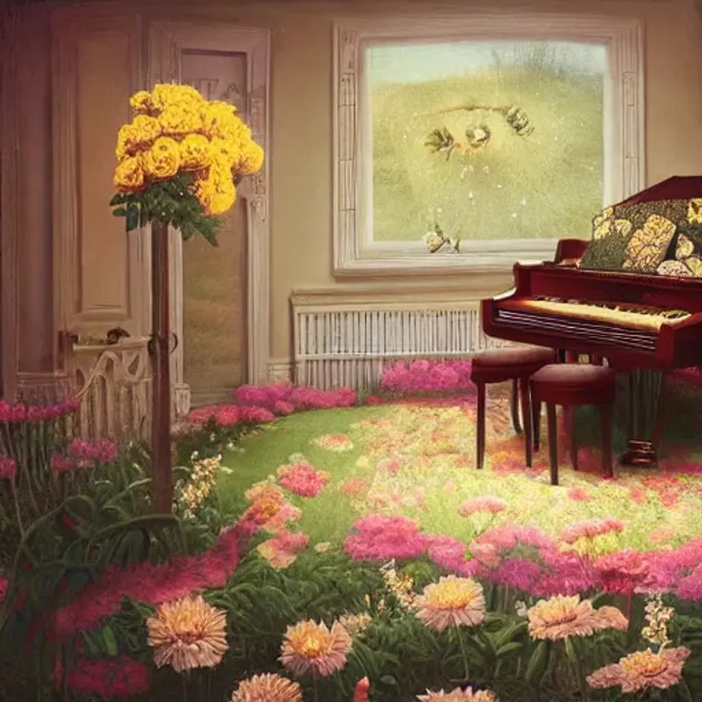 Prompt: Bee pollinating a beautiful flower scene | through the lens | man playing a piano  | living room | pulp fiction diorama | dimly lit interior | Mark Ryden 