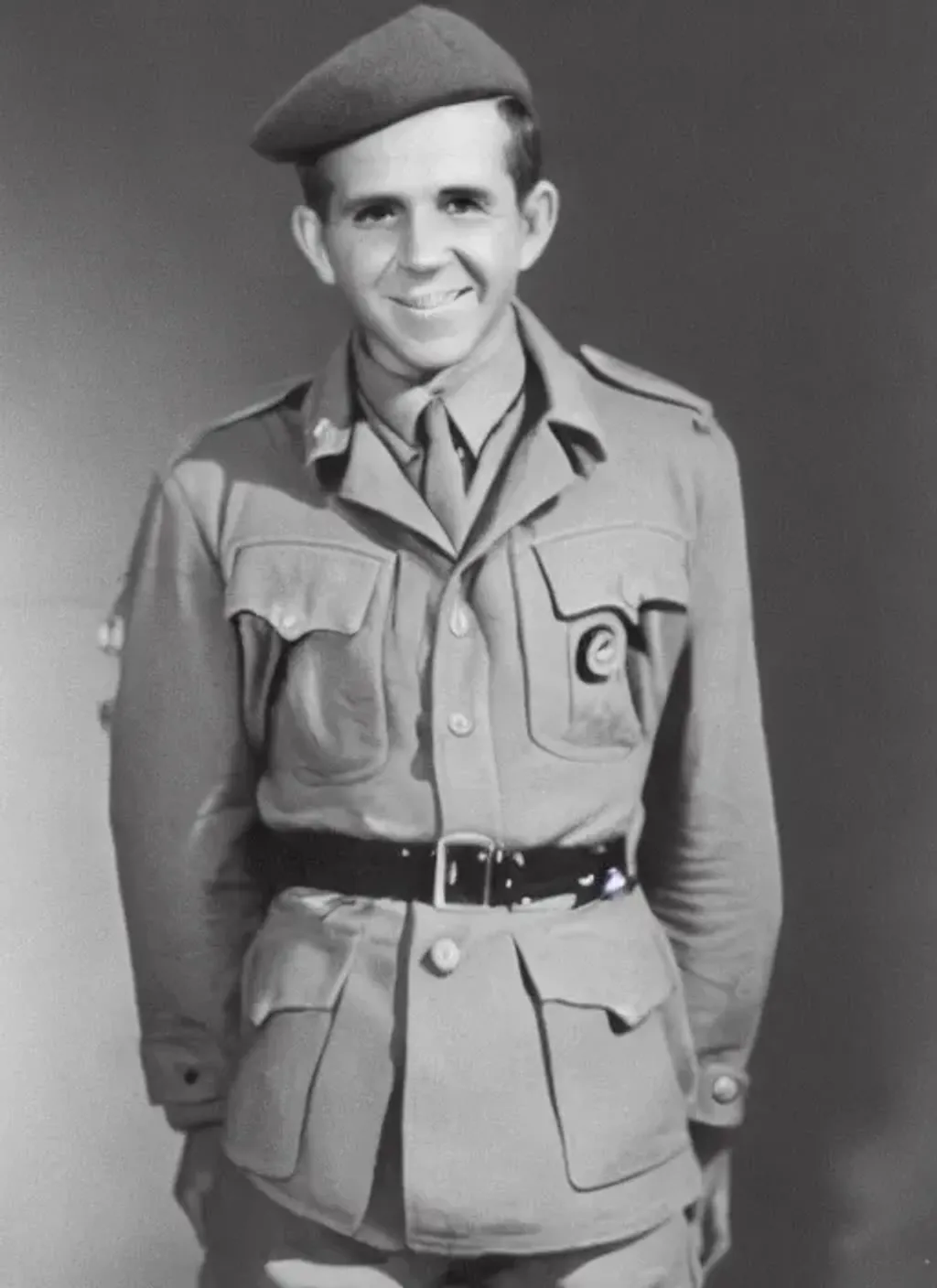 Prompt: Photograph of Norman Wisdom as a soldier in World War II, black and white