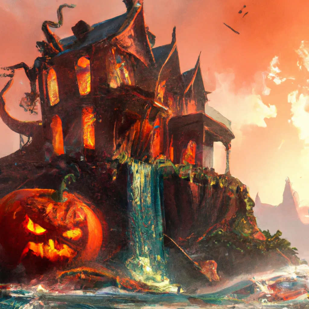 Prompt: A pumpkin haunted house melting, turning into a flowing angry river of velvet crimson water, flooding taking everything in its path, digital art