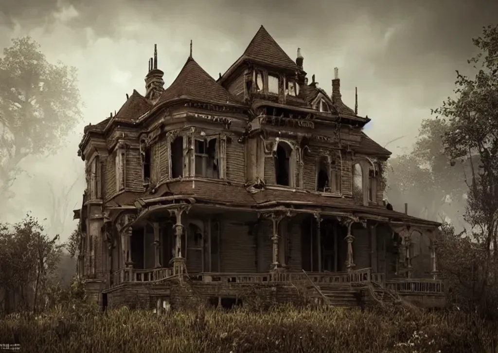 Prompt: victorian house,, abandoned, falling apart, spooky, cinematic, detailed, atmospheric, epic, concept art, Matte painting, background, dust, photo-realistic, concept art, volumetric light, cinematic epic + rule of thirds octane render, 8k, corona render, movie concept art, octane render, cinematic, trending on artstation, movie concept art, cinematic composition , ultra-detailed, realistic , hyper-realistic , volumetric lighting, 8k –ar 2:3 –test –uplight