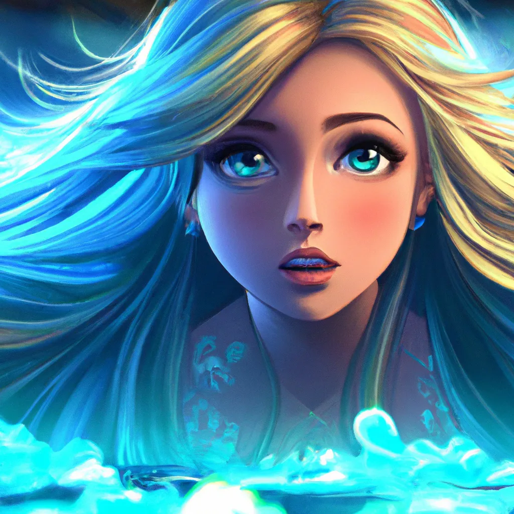 Prompt: Key Disney Visual Of icy blue water, with a cute and adorable anime mermaid with long golden hair swimming ,  jean - baptiste monge, dramatic lighting, 8k, portrait, realistic, fine details, photorealism, cinematic, intricate details, cinematic lighting, photo realistic 8k