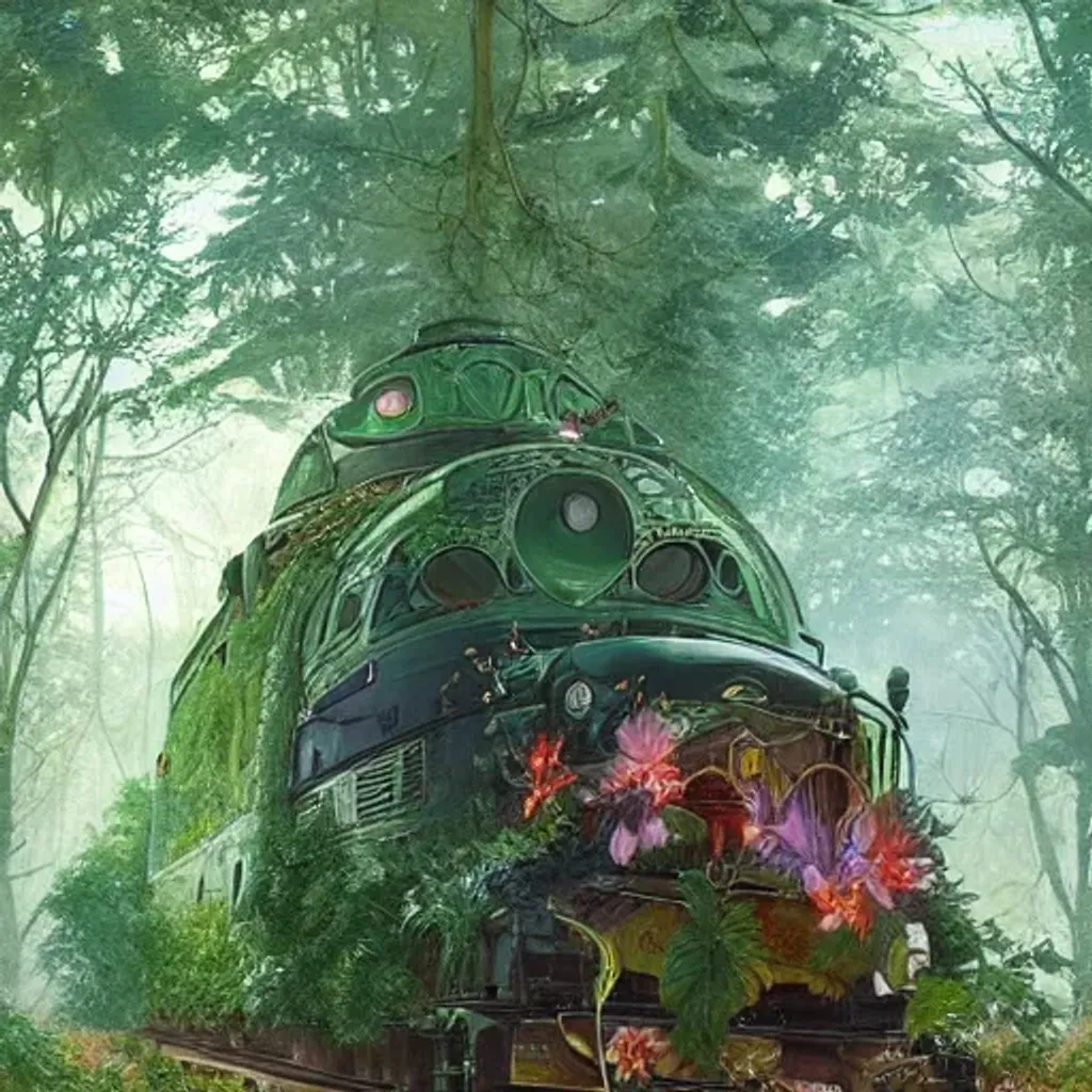 Prompt: Green train in the forest nature unity, gardens, detailed plant life, art by artgerm and greg rutkowski and alphonse mucha