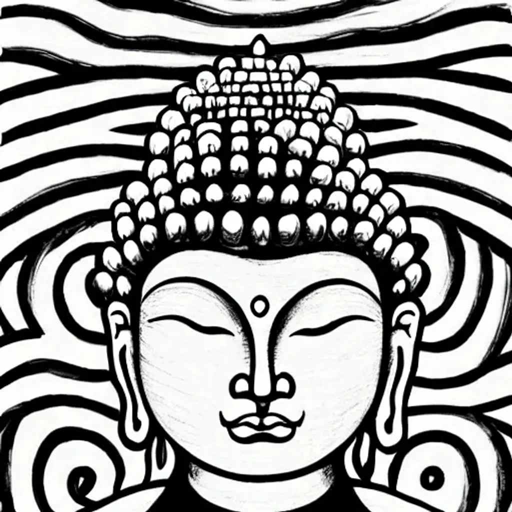 Prompt: Buddha, Illustration, Ink, Site-Specific art, Tones of Black, Monochrome, Black and White, High Contrast, 2-Dimensional, 2D, Line, Spirangle, Happy, Opaque, Tornado, Cartoony, Black and white stripes